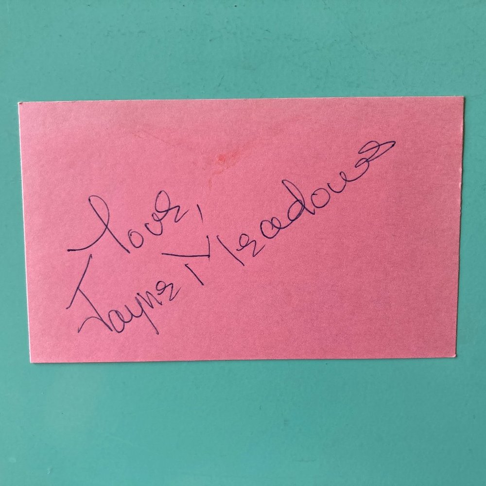 Jayne Meadows Signed Index Card Pink 3”X5”TV I've Got a Secret & What's My Line?